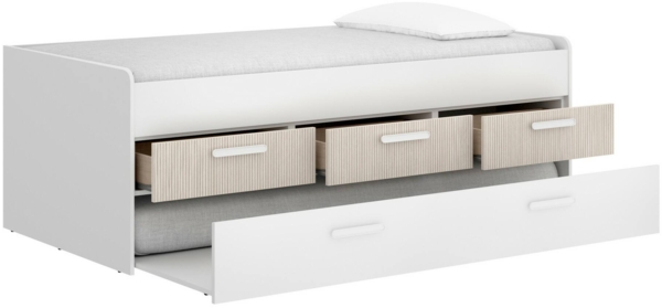 Dmora Kinderbett Aftro, Kinderbett für Schlafzimmer, Einzelbett mit Kommoden, Struktur mit ausziehbarem Bett, 194x95 h68 cm, Weiß und Eiche Bild 4