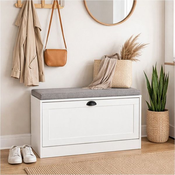 HTI-Living Schuhschrank Thekla 1 Klappe 80 cm Weiß mit Sitzkissen (1 Stück, 1-St, 1 Schuhschrank) Schuhkipper mit 1 Klappe und 2 Fächern