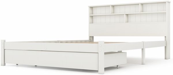 Massivholz Doppelbett 140x200cm Weiß mit Bücherregal-Kopfteil, beidseitig montierbare Rollschublade & Lattenrost, Jugend- und Erwachsenenbett ohne Matratze