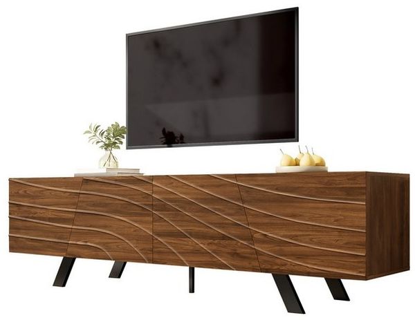 KLAM HOME Lowboard Modernes Lowboard Mit Wellenfront Im Walnuss Design (160cm TV Schrank Mit Stabilem Eisengestell Und Großem Stauraum), TV Möbel Mit Integriertem Kabelmanagement Bild 4