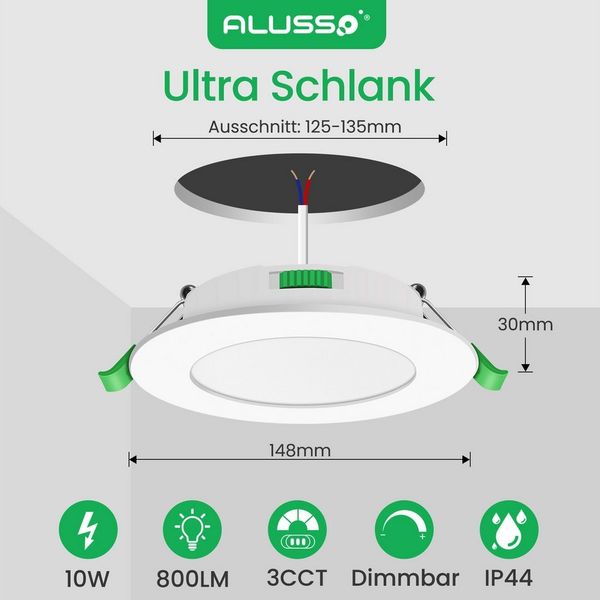 ALUSSO LED Einbaustrahler 6er-Set, Decken Leuchte, Flach Strahler für Bad, Wohnzimmer, 230V, 10W, 125-135 mm, Rund, Weiß