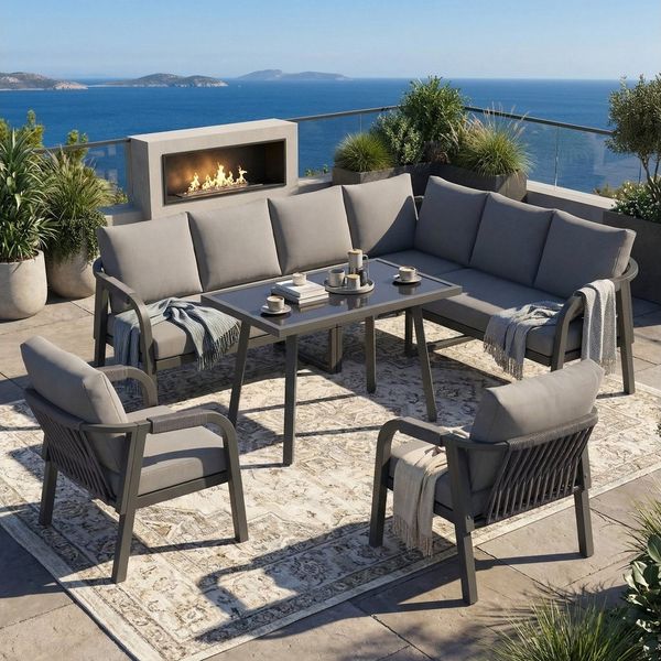 Merax Gartenlounge-Set Garten-Essgruppe mit geflochtenen Armlehnen & verzinktem Stahlrahmen, (4-tlg), 8-Sitzer Sitzgruppe Loungeset, Ecksofa mit Esstisch und 2 Sesseln