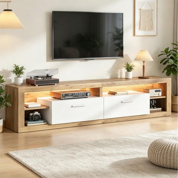 Merax Lowboard mit LED inkl. APP, Fernsehschrank in Naturholz und Weiß (TV Board für 75 Zoll TV, 1 St), TV-Schrank mit 2 Schubladen & 4 offene Fächer, 180 x 35,5 x 50 cm