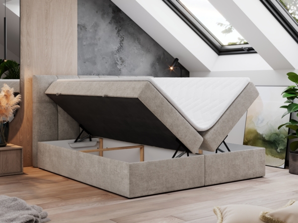 Boxspringbett mit Kopfteil und Topper, Doppelbett - RICO - 160x200cm - Beige Stoff - H3 Bild 2