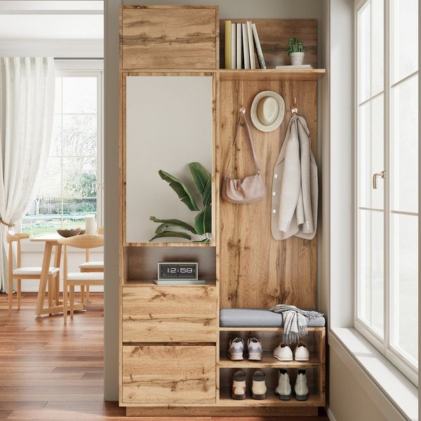 autolock Garderoben-Set Kompaktgarderobe Flurgarderobe mit Spiegel, Sitzbank, Schuhschrank, (90×34,5×190 cm), Flurmöbel-Set Garderobe für den Eingangsbereich
