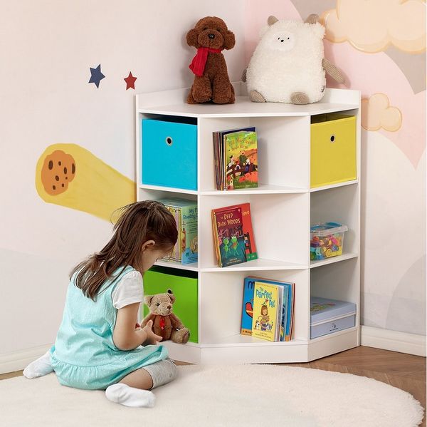 HOMCOM Kinderregal Spielzeugablage, Eckregal mit 3 Aufbewahrungsboxen 1-tlg, für Kinderzimmer, für 3-12 Jahre Kinder, Weiß