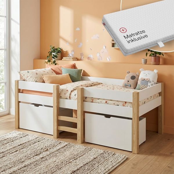 Bellabino 'Aspy' Halbhochbett 90x200 cm mit Matratze, weiß, Kinderbett mit 2 Schubladen, Rausfallschutz und Lattenrost, Hochbett mit Leiter