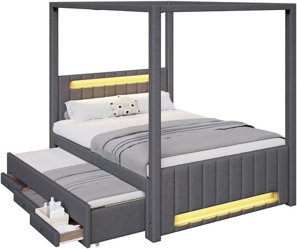 140x200 cm großes Polster-Himmelbett mit Ausziehbett und drei Schubladen, LED-Beleuchtung, Grau