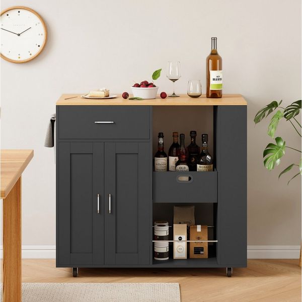 FUROKOY Kücheninsel Küchenwagen auf Rollen, Holz Bewegliche Kücheninsel, (mit Schubladen, Regale, Aufbewahrungsboxen und ein Gewürzregal), für Küche und Esszimmer, 102 x 46 x 92 cm, Schwarz