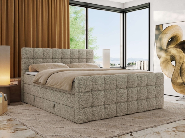 Boxspringbett ALTIVO KING DUO, Doppelbett mit Stauraum Multipocket-Matratze und Topper Bett mit Kopfteil, Fußteil - 180x200 cm - Dunkelbeige Strukture - H3