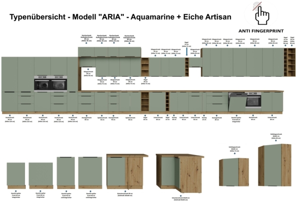Küchen Hängeschrank 45 cm ARIA Aquamarin ultra matt + Eiche Artisan matt, hochwertige Fronten mit Anti Fingerprint Beschichtung Küchenzeile Küchenblock Bild 5