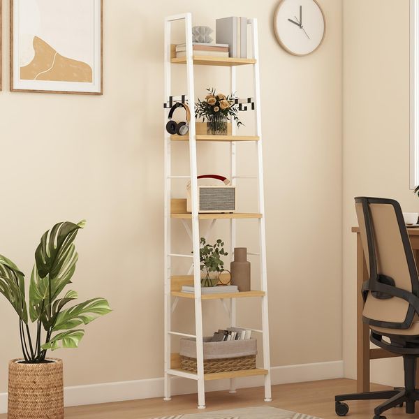 DWVO Schmales hohes Bücherregal 5 Etagen, Industrielles Leiterregal, Holzregale und Metall, schmal, dünn, modernes Regal für Wohnzimmer, Flur, Büro, Weiß und Eiche