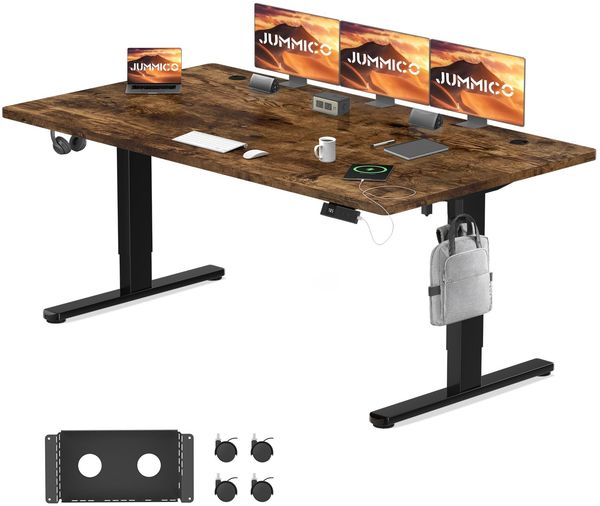 JUMMICO Elektrisch Höhenverstellbarer Schreibtisch 180x80 cm mit Ladestation, Höhenverstellbarer Computertisch mit Kabelmanagement, Ergonomischer Sitz-Steh-Schreibtisch Höhenverstellbarer Tisch, Braun