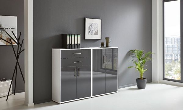 moebel-dich-auf Aktenschrank TABOR 12 (Aktenregale/Aktenschränke ideal für DIN A4 Ordner inkl. 2 Einlegeböden und 2 Schubkästen, Büroschrank abschließbar mit Griffen aus Edelstahl) Made in Germany