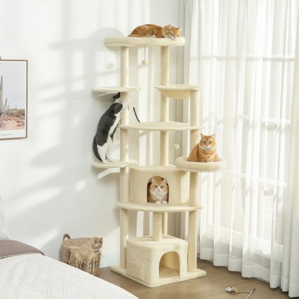 Katzenbaum 200cm hoch, mit Hängematte & Verstecken, Sisal Kratzstämme, Anti-Kipp-Gurt, für 2-3 Katzen, stabil, eleganter Spielplatz