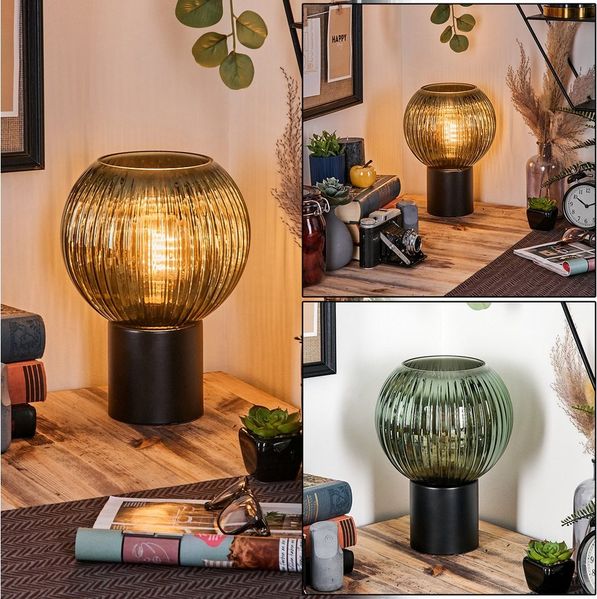 hofstein Tischleuchte Tischlampe aus Metall/Riffelglas in Schwarz/Grün, ohne Leuchtmittel, Leuchte im Retro/Vintage-Design mit Glasschirm (20 cm), 1 x E27