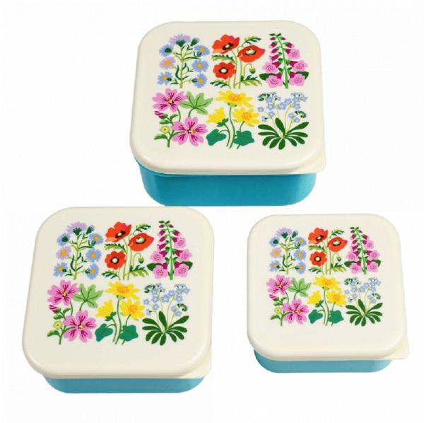 Rex London Lunchbox Snack Box 3er Set Wild Flowers, Kunststoff, BPA-frei, (Set, 3-tlg, ca. 11,5 x 11,5 x 5,5 cm (große Box), jede Box mit Wildblumen Motiv, passt genau in den größeren Behälter