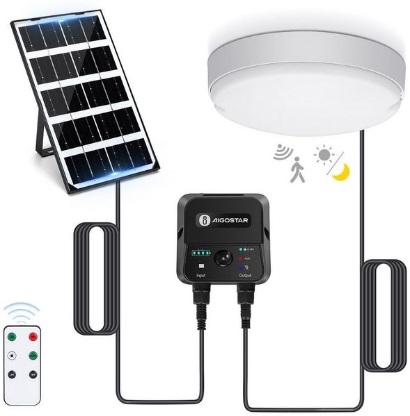 Aigostar LED Solarleuchte Solarlampe Decke Außen LED Solar Deckenleuchte Outdoor, mit 8m Kabel, Sensorschalter, LED fest integriert, Kaltweißes Licht