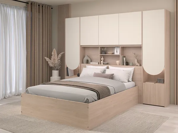 Vente-unique - VELONA Bett Holz, Platte BeigeBeige - B 240 cm x H 202,8 cm x L 265,2 cm
