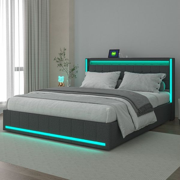 Furnishings Home Polsterbett LED Doppelbett Stauraumbett mit Kopfteil und 4 Schubladen (Leinenmaterial Polsterbett mit RGB Beleuchtung), mit Lattenrost und Ladefunktion, mit Komforthöhe, Leises Design Bett
