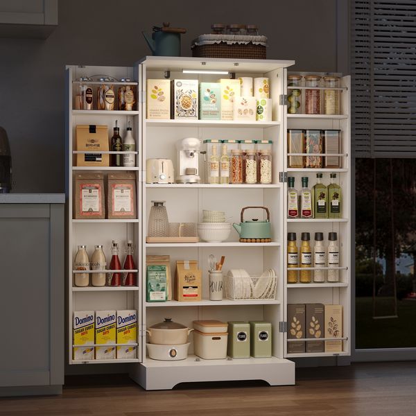 Küchenschrank 60 x 35 x 128 cm Weiß mit LED-Sensorleuchte, höhenverstellbaren Einlegeböden und Doppeltür