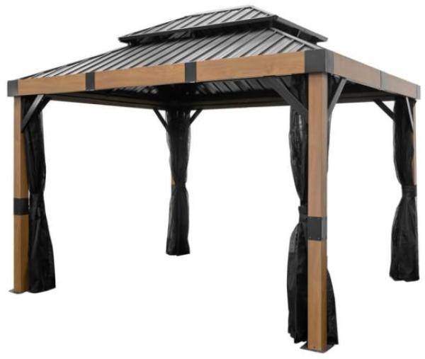 Sojag Alu Pavillon Fontana 1012 | Hardtop Pavillon mit Moskitonetz | Holzoptik/Schwarz | 298x363x310 cm