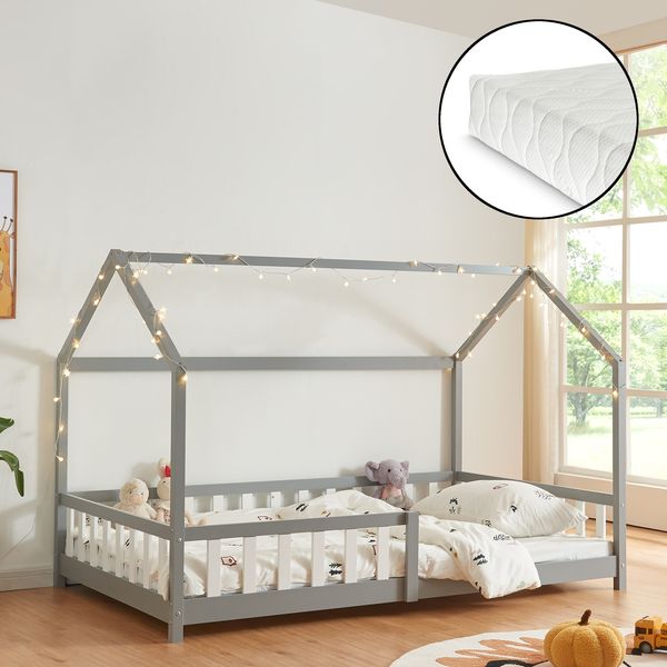 Hausbett Hesel mit Matratze und Rausfallschutz 120x200cm Grau [en. casa]