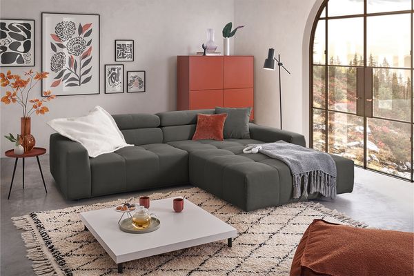 KAWOLA Sofa RENO Ecksofa Feincord anthrazit mit motorischem Sitzvorzug Longchair rechts 68 x 217 x 258 cm