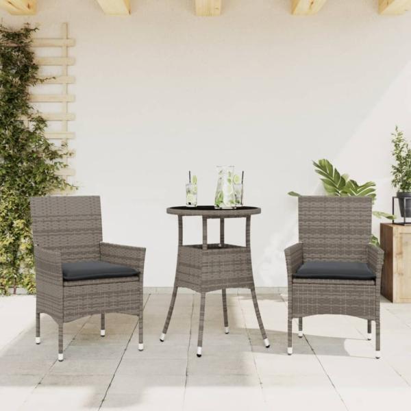 vidaXL 3-tlg. Garten-Essgruppe mit Kissen Grau Poly Rattan und Glas 3278621