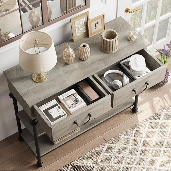 GarveeMore Konsolentisch 3-stufiger mit 2 Schubladen,kleiner Eingangstisch,100x30x80cm, Sofatisch Flurtisch Eingangstisch Beistelltisch für Wohnzimmer