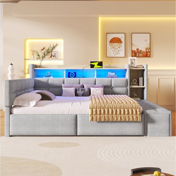 Merax Daybett mit LED Lichtleiste, USB & Typ-C, Samt (Schlafsofa Sofabett Jugendbett Kinderbett, 1 tlg), Tagesbett 140x190cm mit Schubladen,Ablagefach,Stauraumbank am Fußende