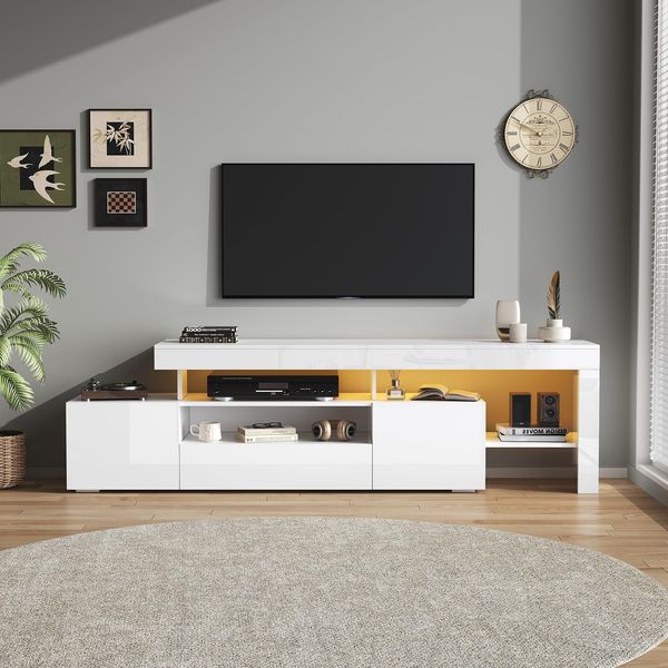 Ball & Cast TV Schrank (192×37×53cm) mit 3 Schränke, Fernseher Tisch Geeignet für Fernseher Um 85 Zoll, Bequeme Montage, Weiß