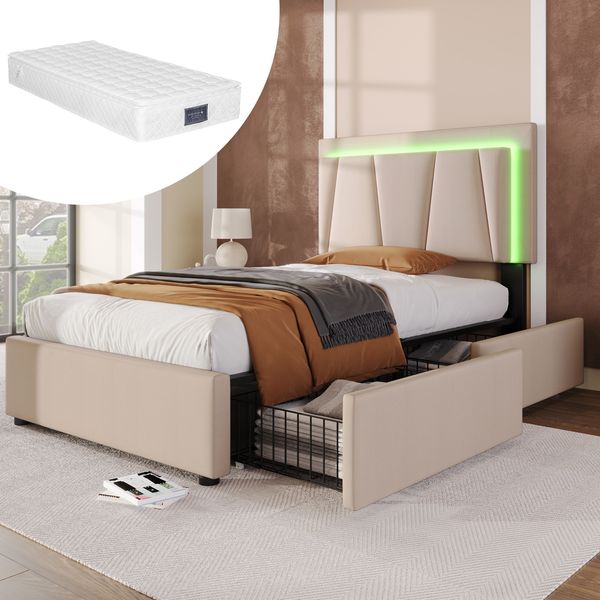 Polsterbett 90×200 cm mit höhenverstellbarem Kopfteil, LED-Beleuchtung, 2 Schubladen, Leinenstoff Beige,inklusive Matratze