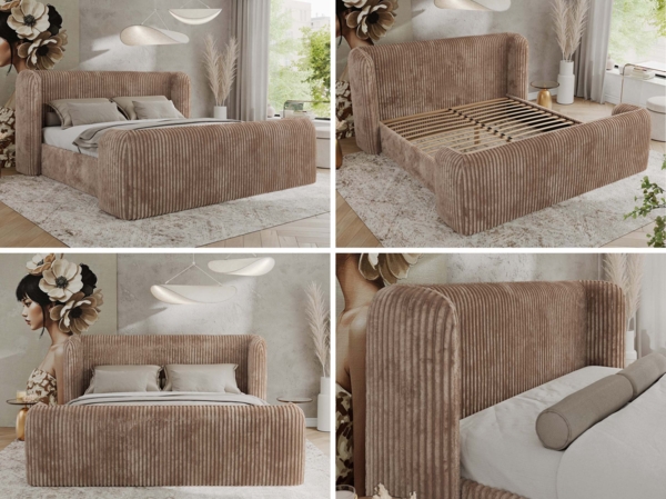 Polsterbett mit Lattenrost, Doppelbett für Schlafzimmer, Gepolstertes Kopfteil, Foam matratze, Härtegrad H2 - EMORA DUO - 120 x 200 cm - Braun Cord - MIRO - LUX Bild 2