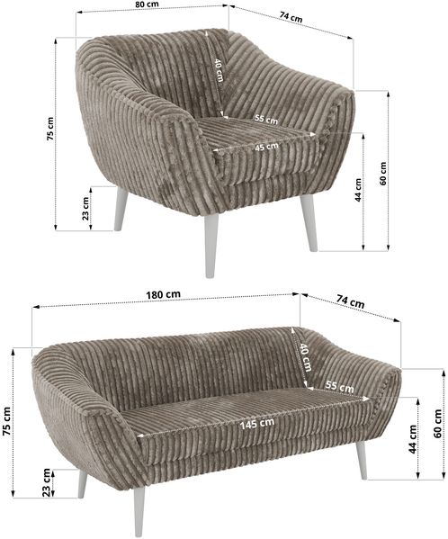 Wohnzimmerset PIRS 1-1-3, Skandinavisches 3-Sitzer Sofa mit Sesseln, Sofa mit Wellenfederung, weiße Füße, Skandinavisches Möbelset - Hellbraun Cord Bild 5