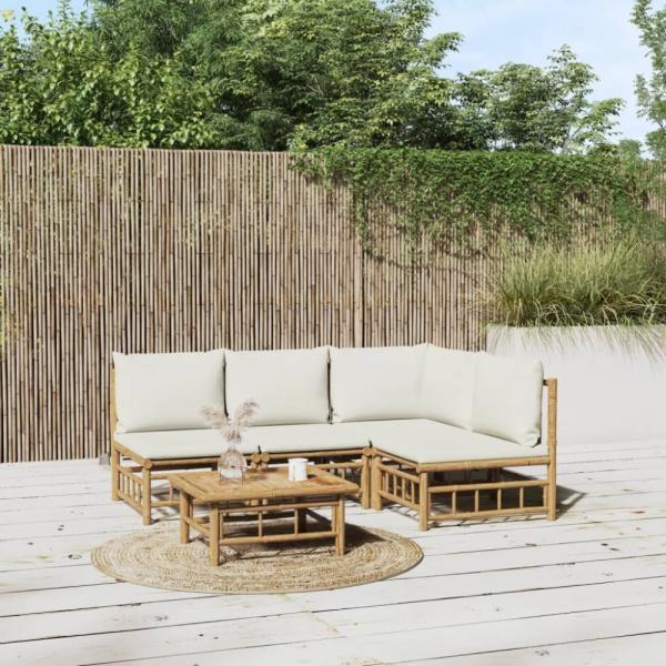 vidaXL 5-tlg. Garten-Lounge-Set mit Cremeweißen Kissen Bambus 3155202