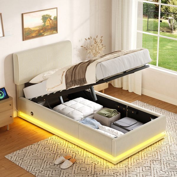 Flieks Einzelbett 90x200, Polsterbett mit LED & USB-C, höhenverstellbarem Kopfteil & Unterbett-Stauraum, Cord, Beige