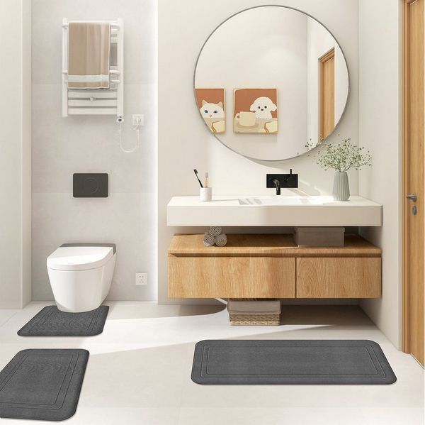BlingBin Badematte Badezimmerteppich Set 3 Teilig, Badteppich aus Memory Foam rutschfest, Memory Schaum, schnell trocknend, Waschbar, Memory-Schaum, Rechteck, mit U Förmige wc Vorleger, Badteppich Waschbar Badvorleger Set