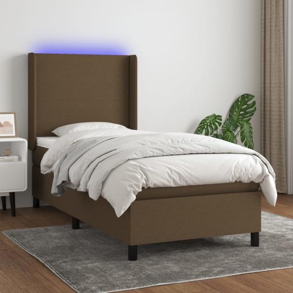 vidaXL Boxspringbett mit Matratze & LED Dunkelbraun 90x200 cm Stoff 3138128