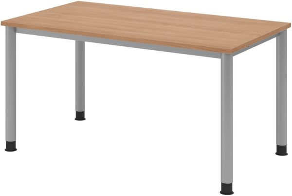 bümö höhenverstellbarer Schreibtisch H-Serie 140x80 cm in Nussbaum, Gestell in Silber - PC Tisch für's Büro manuell höhenverstellbar, Computertisch verstellbar, HS-14-N-S