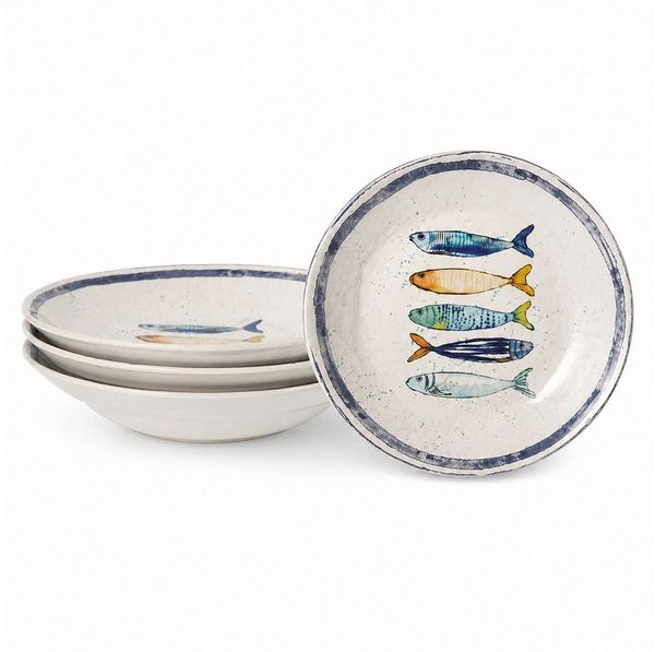 WestCraft Speiseteller Teller, mediterran mit Sardinen-Motiv, Maritime Pastateller 29 cm, (4 St), 4er Set, hochwertig und robust - langlebig und vielseitig einsetzbar