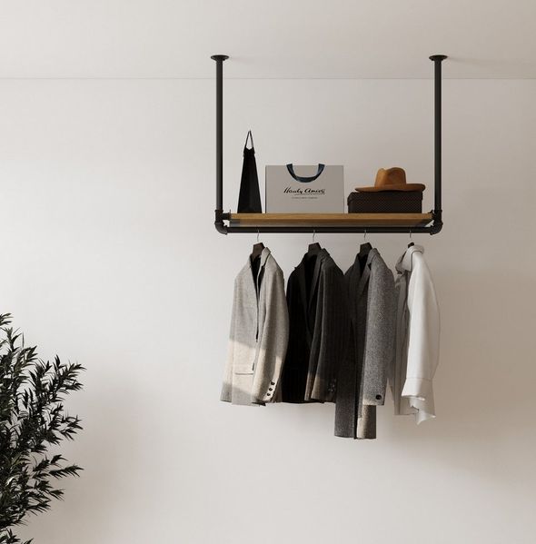 RSR Hangers Garderobenleiste Kleiderstange Garderobe „MIK“ mit Eichenholz Ablage