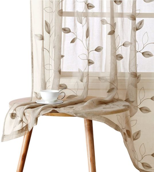Agger Vorhang Leinen Voile Vorhänge, halbtransparente Blumenvorhänge, Blätter-Stickerei Vorhänge, geeignet für Schlafzimmer und Wohnzimmer