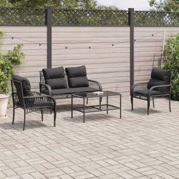 vidaXL 4-tlg. Garten-Sofagarnitur mit Kissen Schwarz Poly Rattan 368727