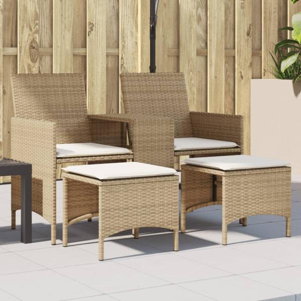 vidaXL Gartensofa 2-Sitzer mit Tisch und Hockern Beige Poly Rattan 4003894