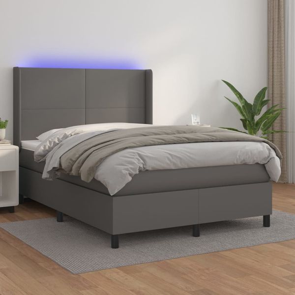 vidaXL Boxspringbett mit Matratze & LED Grau 140x190 cm Kunstleder 3139263