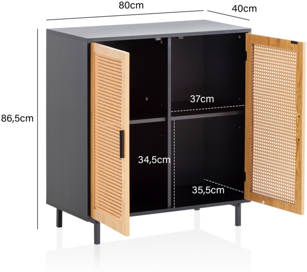 Sideboard 80 x 86,5 x 40 cm Kommode Schwarz mit Wiener Geflecht, Hoher Kommodenschrank Zeitlos, Standschrank Wohnzimmer mit 2 Türen, Anrichte Rattan Bild 4