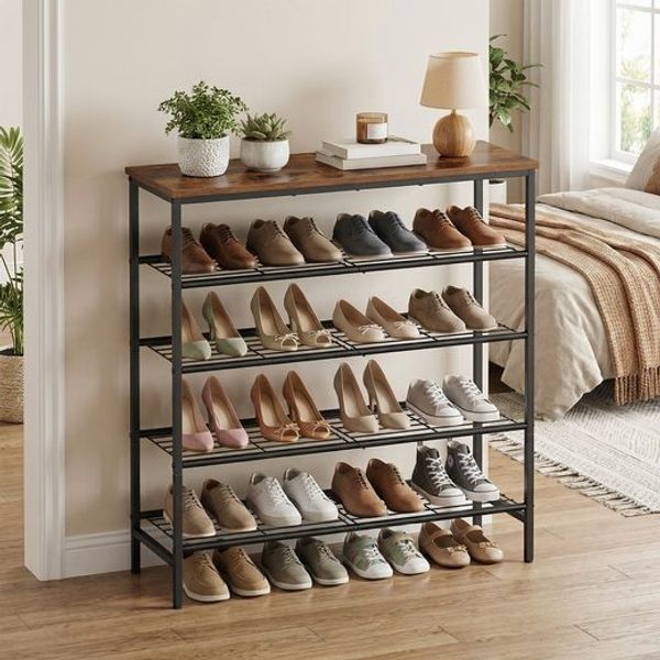 VASAGLE Schuhbank, Schuhaufbewahrung, Schuhregal, Metallrahmen, 5 Ebenen, für bis zu 18-24 Paar Schuhe, braun-schwarz