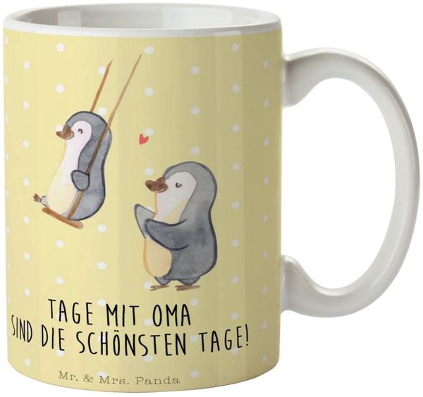 Mr. & Mrs. Panda Tasse Pinguin Oma schaukeln, Mug, Gelb Pastell, Geschenk für, schöne tasse, 1-tlg, Keramik