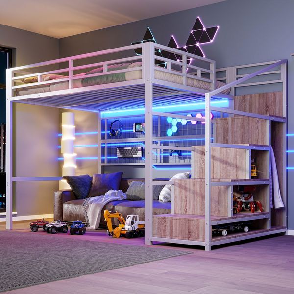 Hochbett mit RGB LED-Streifen, Rausfallschutz, 140x200cm, Treppe mit Regal und Kleiderschrank, Kinderbett, Metallbett